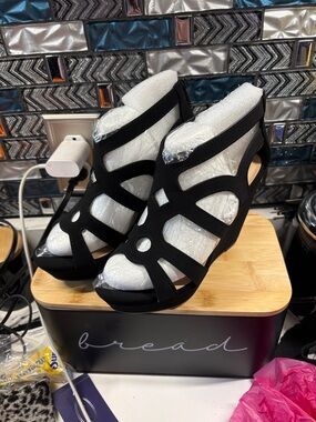 Black Strappy Cutout High-Heel Sandals